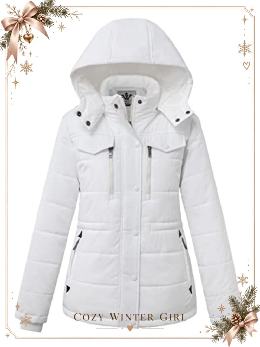 WenVen Women's Winter Warm Puffer Jacket with Detachable Hood, White
